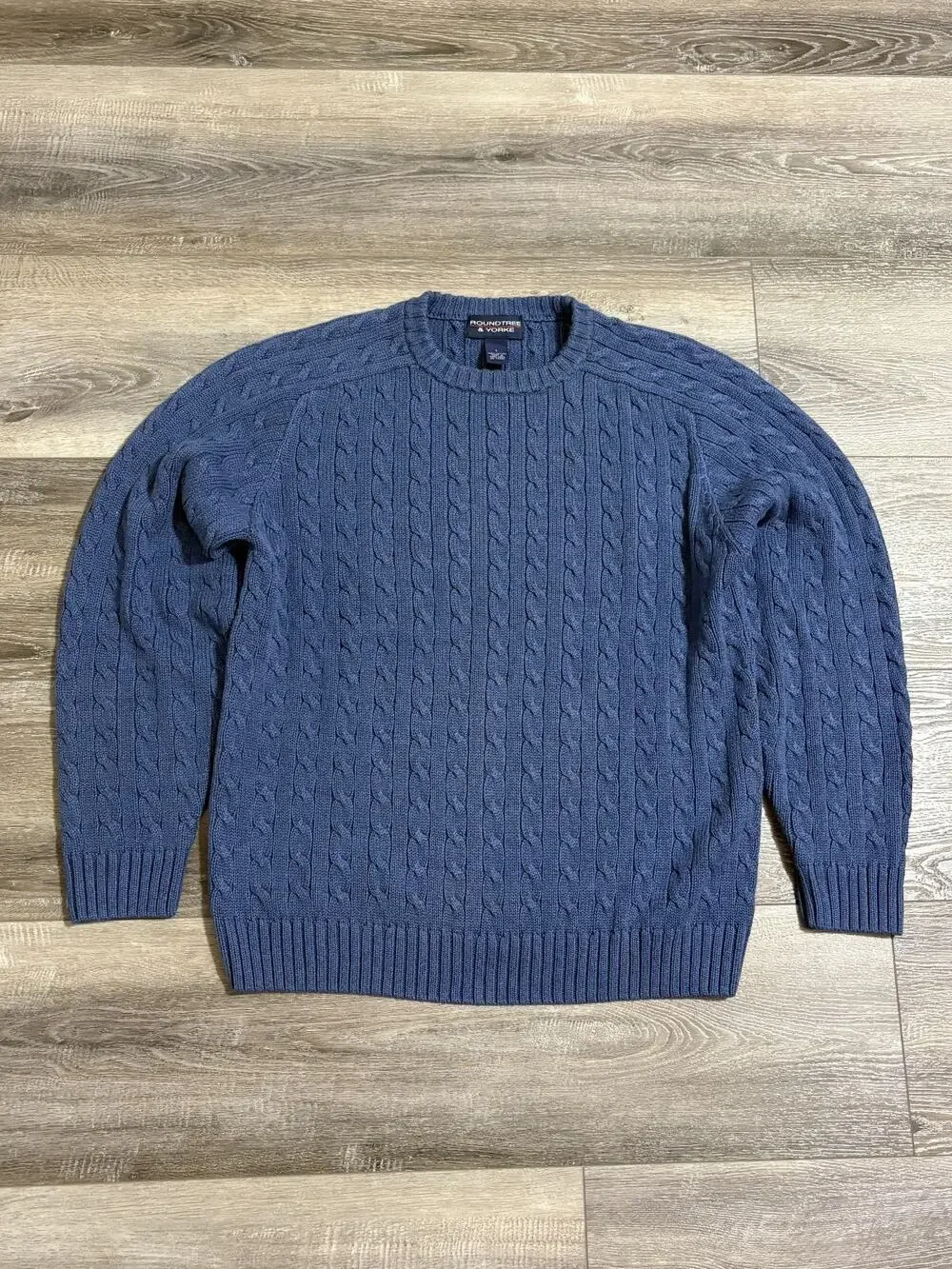 Roundtree & Yorke Blue Cable Knit Sweater Preppy Retro Casual - Men’s Large